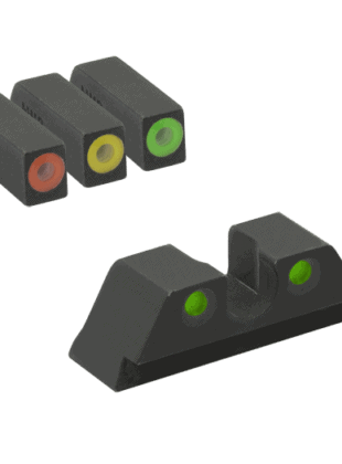 Meprolight Hyper-Bright pistol sight featuring interchangeable front sights in green, yellow, and orange for enhanced aiming.
